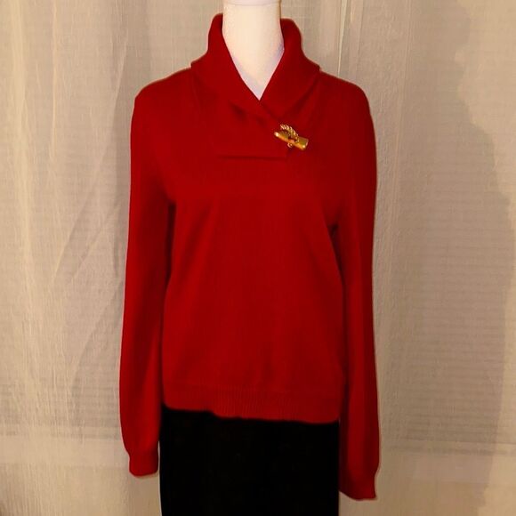 LRL PM Cotton Bright Red Gold Shawl Button Detail Neck Knit Pullover Sweater - Picture 1 of 16